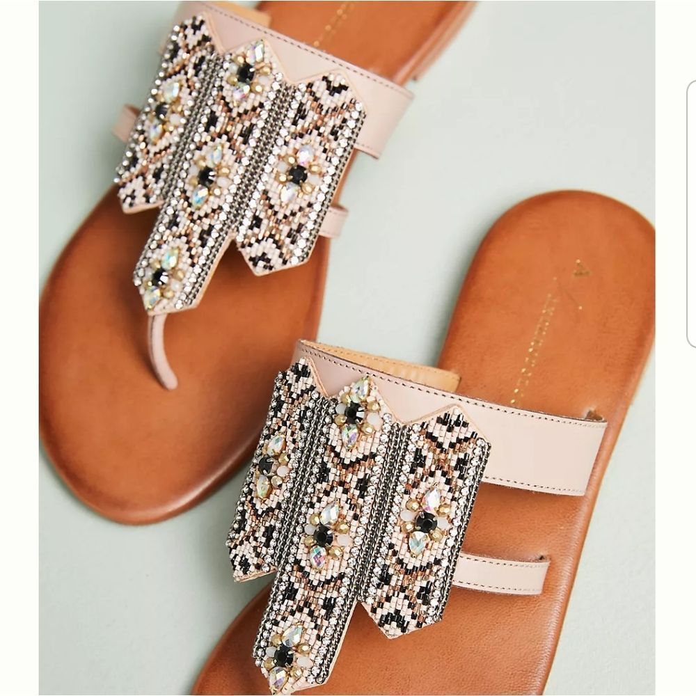 Anthropologie Blush Beaded Embellished Leather Thong Sandals Sz.38/US 7 - Picture 10 of 12